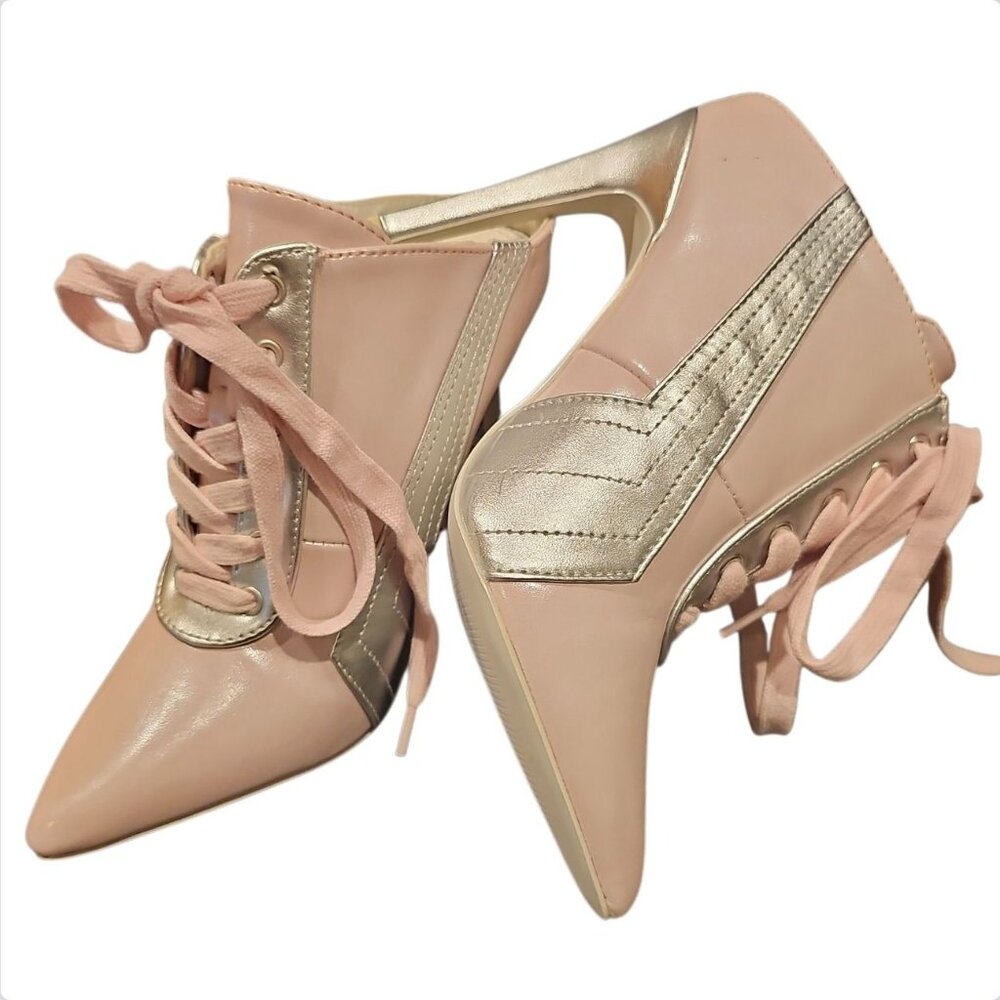 Lace-Up Pointed Toe Pink & Silver Stiletto Heel Mules With Side Stitching & Glos